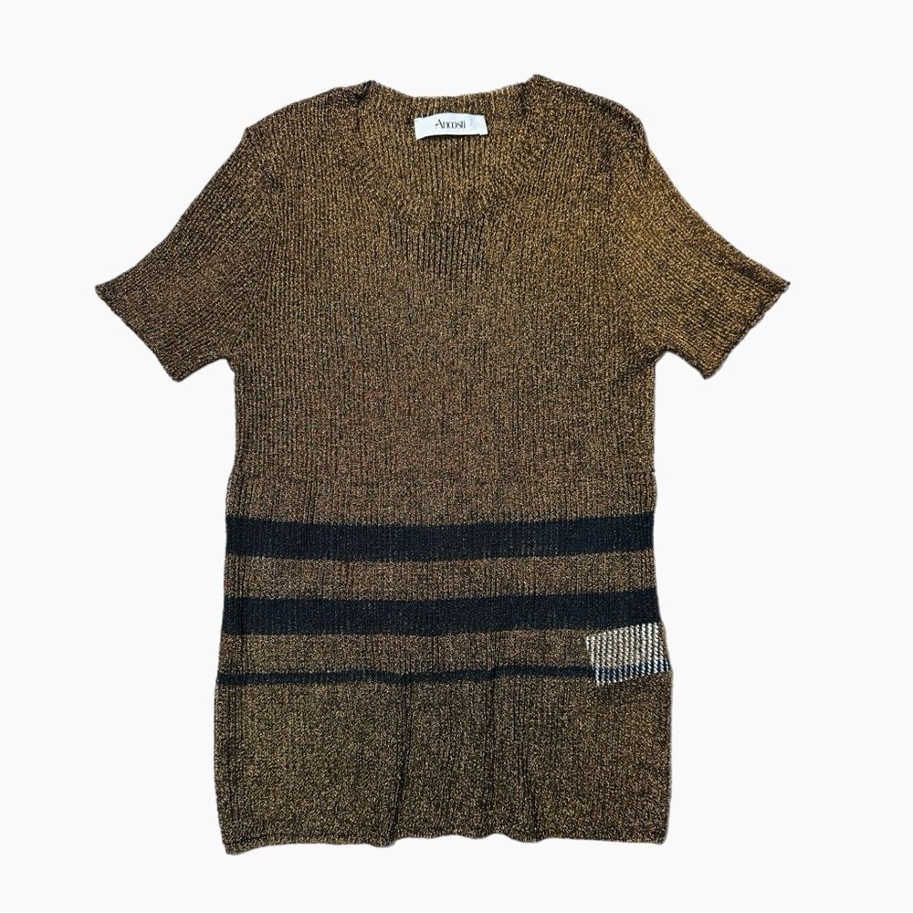 Ancosti Striped Metallic Short Sleeve Top Brown  Size L - Picture 4 of 9